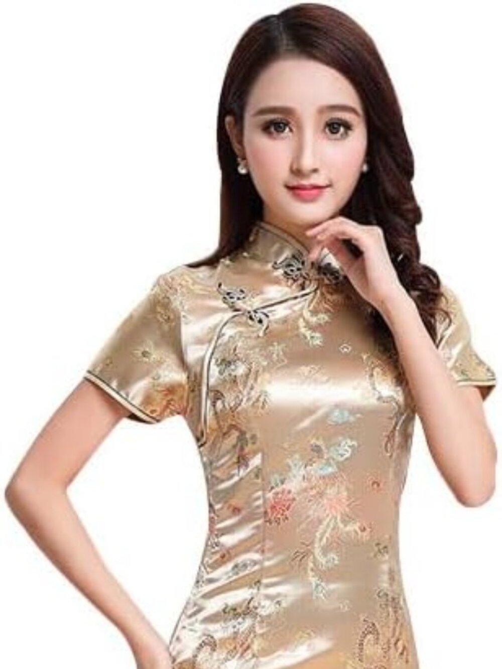 NEW Women's Qipao Cheongsam Short-Sleeved Long Dress in Gold Dragon - Size S